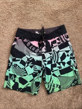 Volcom Mint Green, Pink & Black Geometric Boardshorts